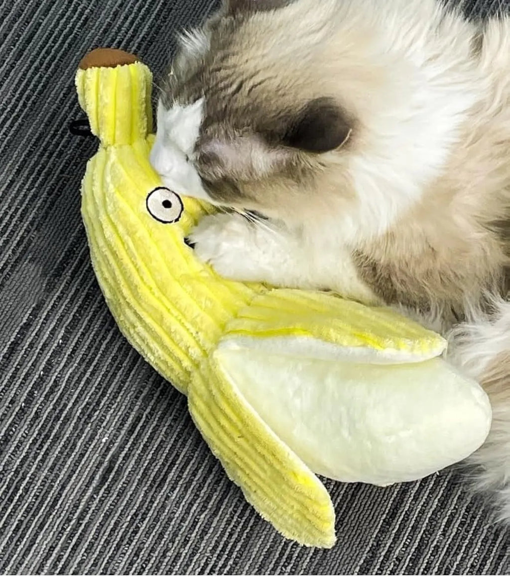 Yellow banana-shaped plush cat toy with crinkle paper and textured strip