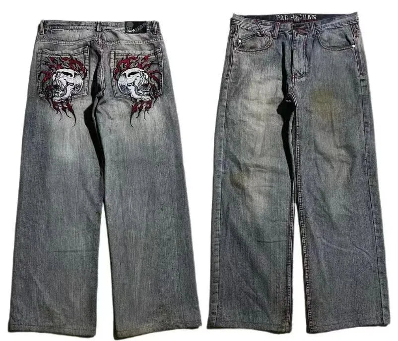 Men's light grey washed-out denim jeans with a wide-leg straight cut and retro workwear style.