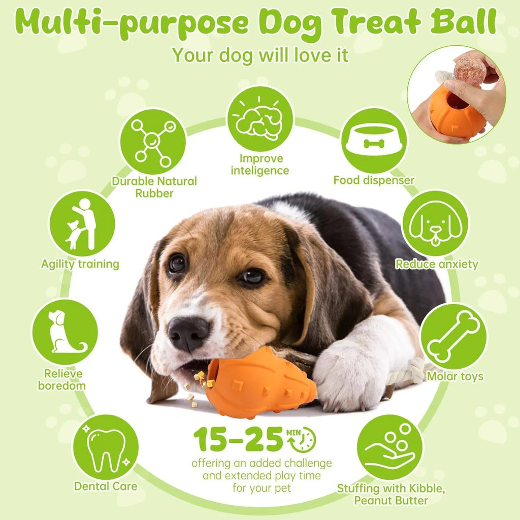 Natural rubber dog chew toy with a long strap and hollow centre for treat dispensing.