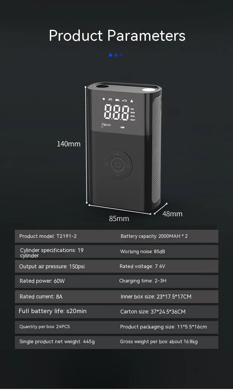 Handheld wireless digital display car tyre air pump with LED light and attachments on a grey background.