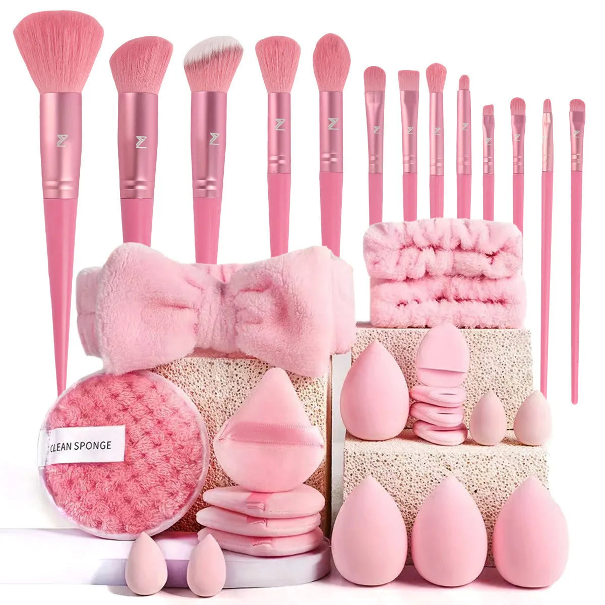 40pcs makeup brush set in brown, pink, and purple with hydrophilic non-latex bristles