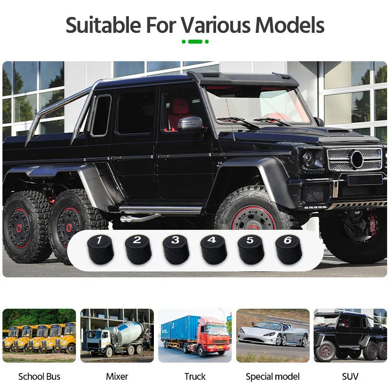 Solar external tyre pressure monitor system with colour digital display and six sensors for RVs and trucks