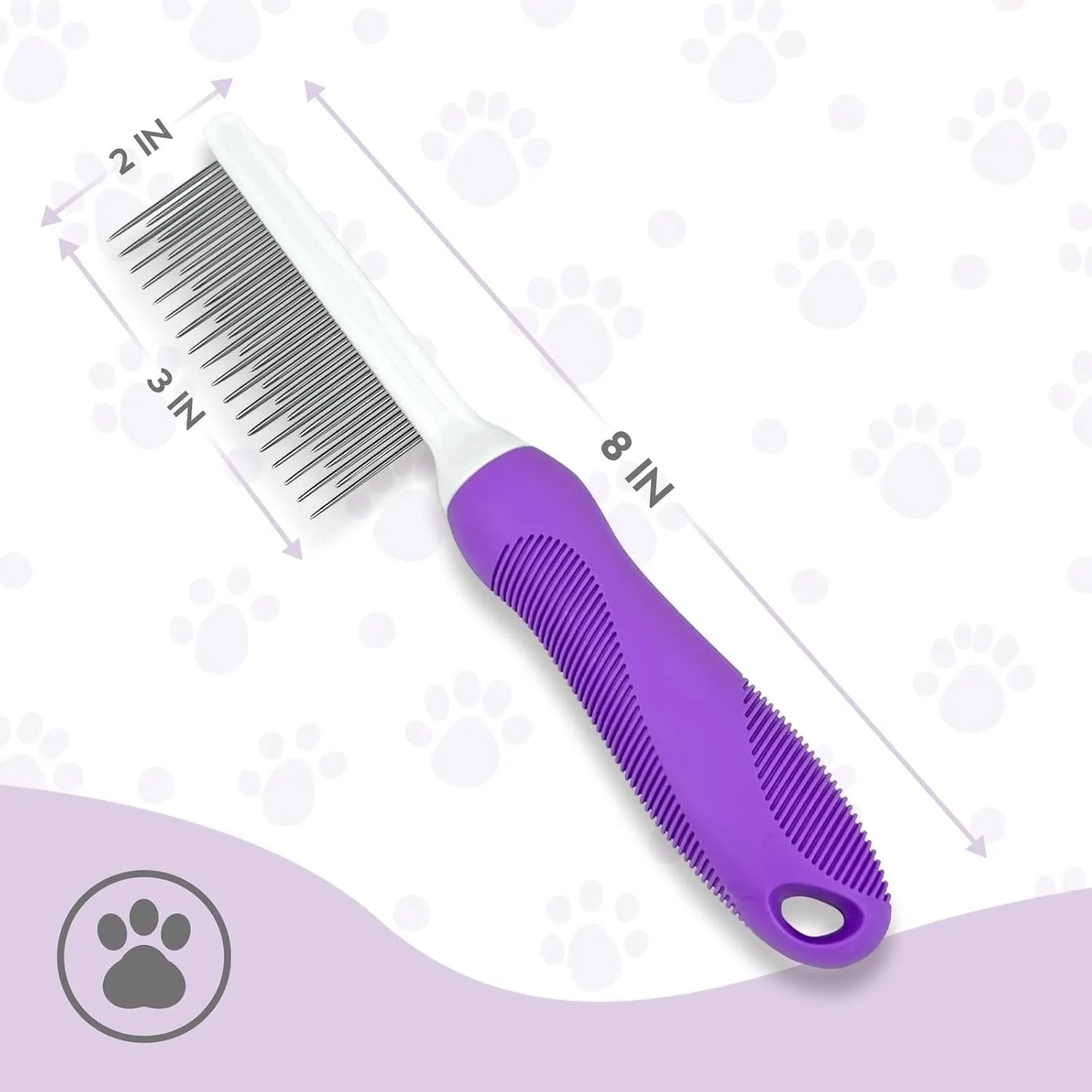 Purple handled pet grooming comb with stainless steel teeth for detangling dog and cat hair.