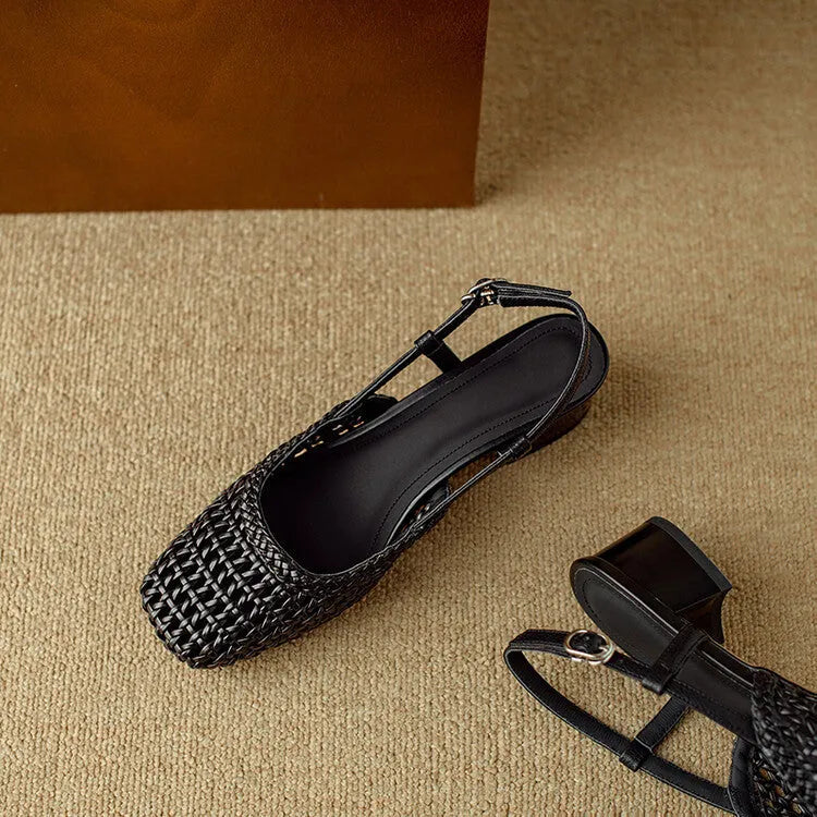 Woven hollow-out closed toe sandals for women with 4cm chunky heel and buckle closure in beige