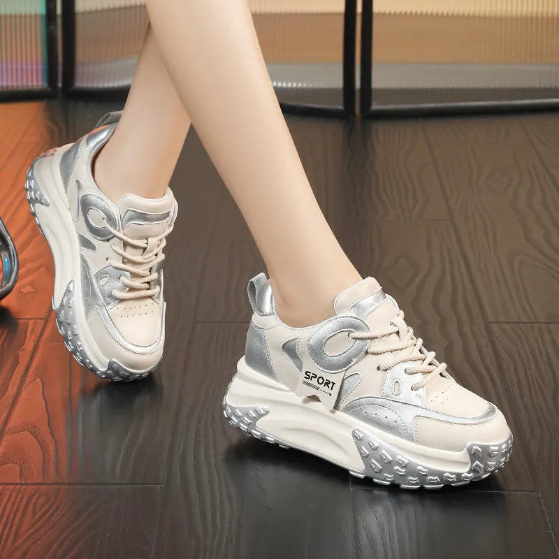 Women's leather sports casual shoes with thick wedge soles and front lace-up fastening in four colour options