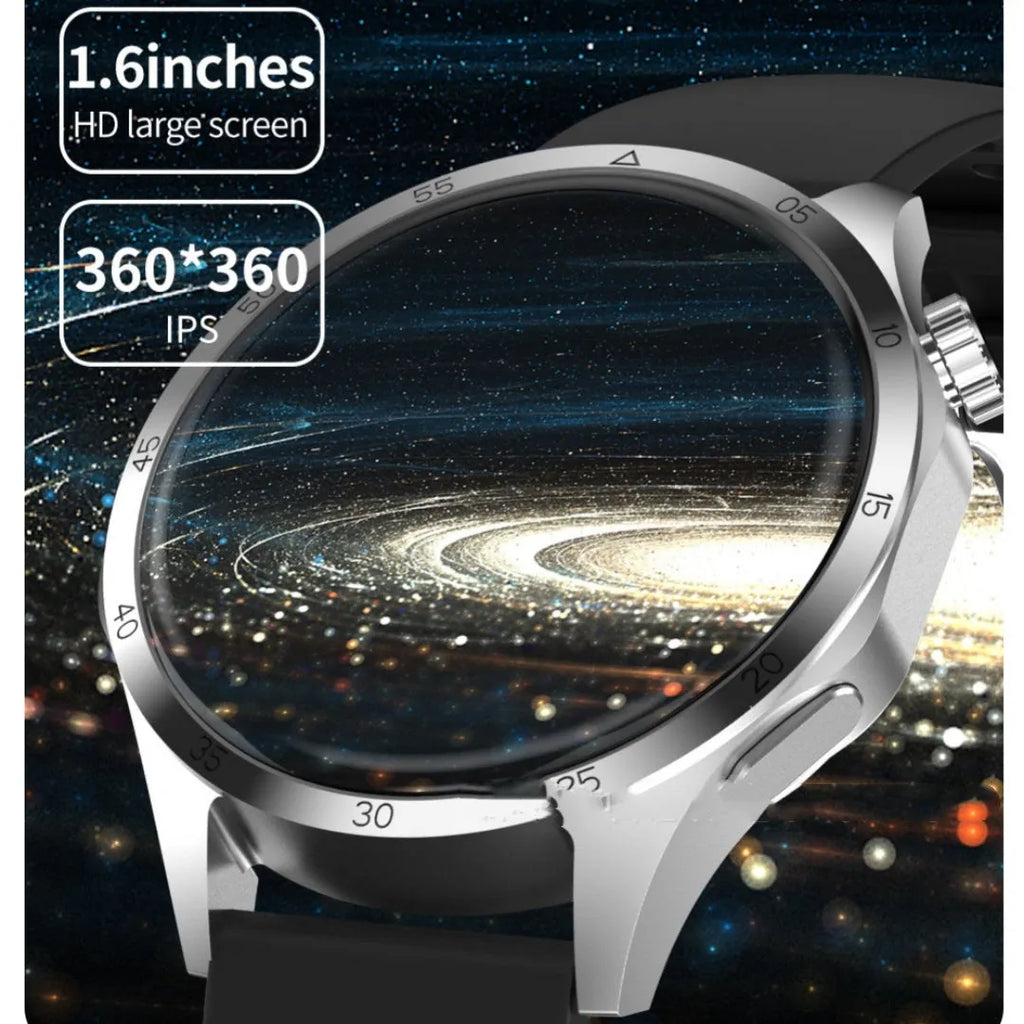 Black smartwatch with Bluetooth calling on a silicone strap, displaying health metrics on its screen.