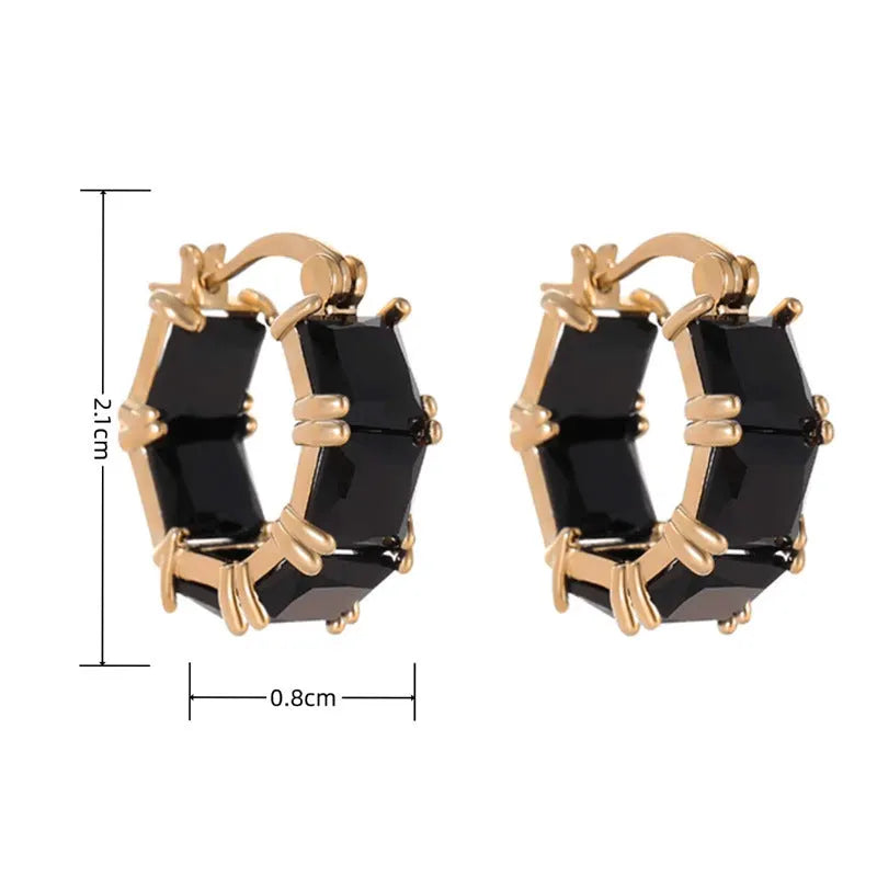 Geometric U-shape women's earrings with round black zircon crystals in gold electroplated settings