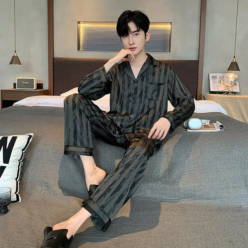 Ice Silk men's pajamas V-neck long sleeve two-piece set in Black Stripes on a model