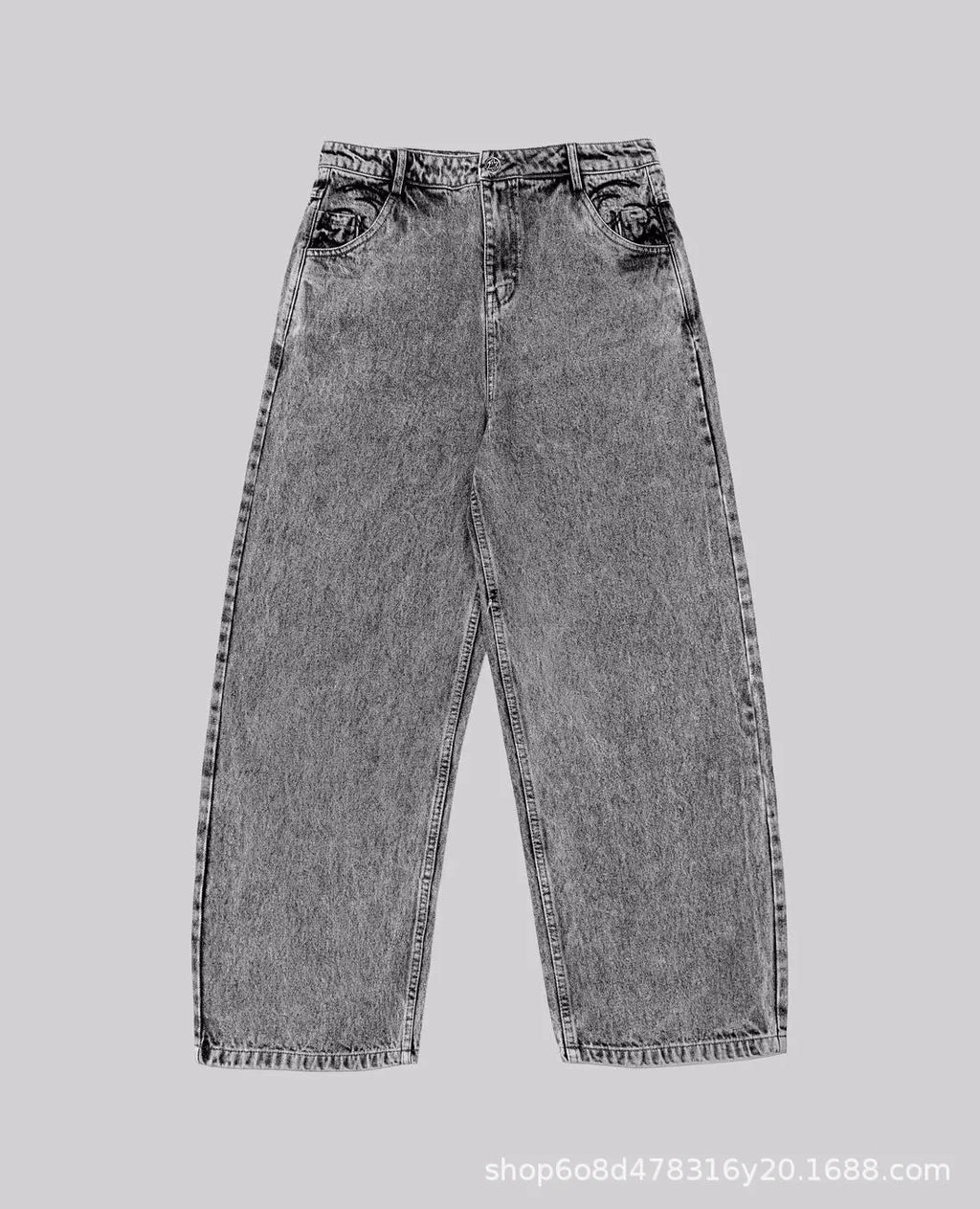 Grey loose fit straight leg denim trousers for men and women on a plain background