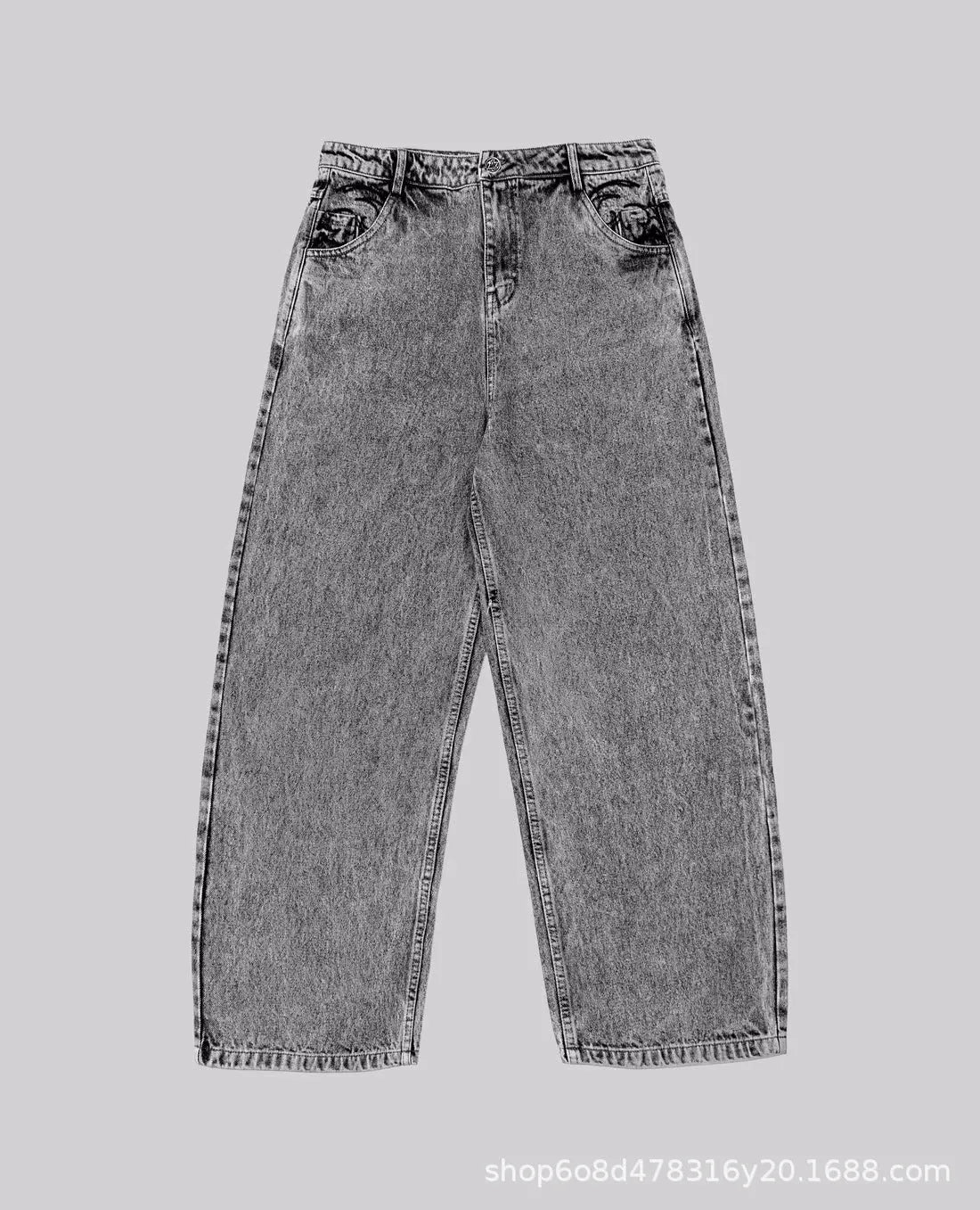 Grey loose fit straight leg denim trousers for men and women on a plain background