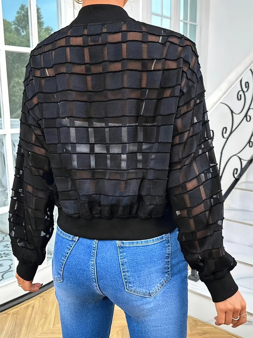 Black women's semi-transparent casual jacket with geometric pattern and front zipper