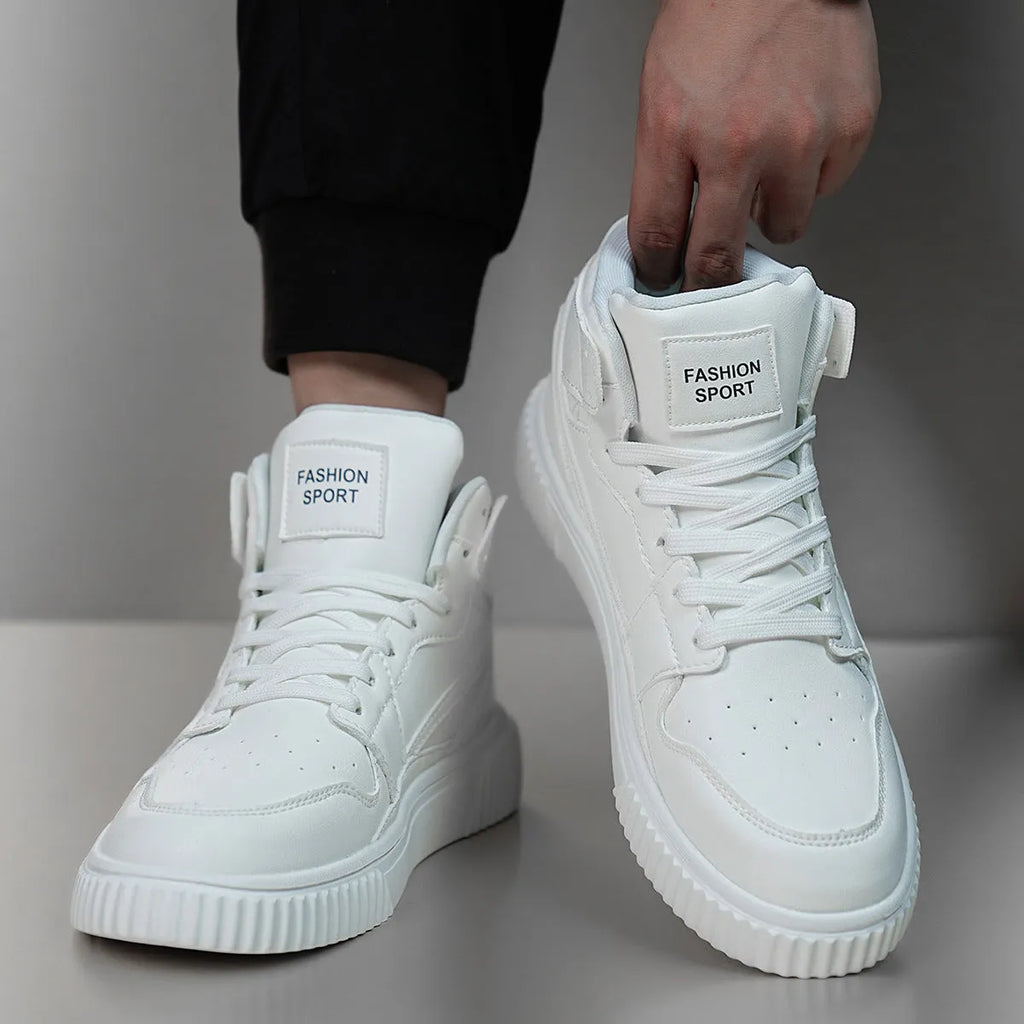 Men's white lace-up casual trainers with a microfiber upper and round toe on a plain background.
