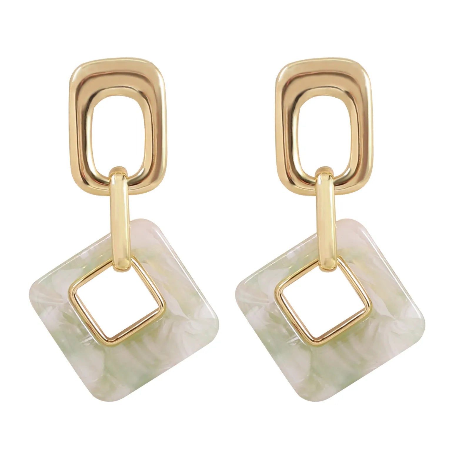 Copper hollow geometric square earrings with electroplated finish, chamfered corners, and two colour options