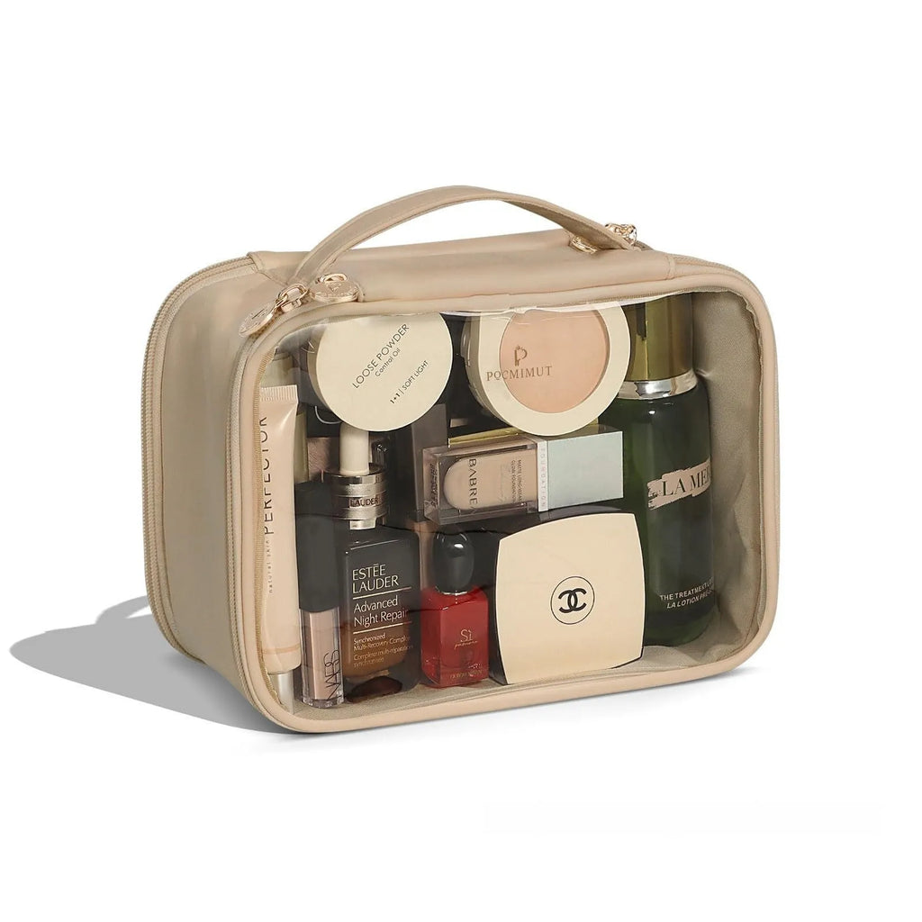 Leather trim transparent PVC cosmetic bag with waterproof construction, expansion storage, and dry wet separation, pink portable size
