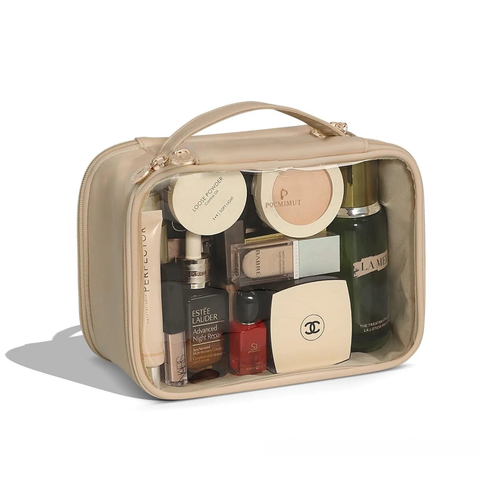 Leather trim transparent PVC cosmetic bag with waterproof construction, expansion storage, and dry wet separation, pink portable size