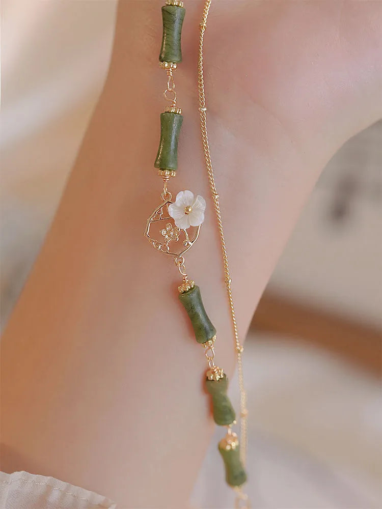 Natural olivine double layer bracelet with twin bells of Ireland charm, handmade green stone beads, women's pastoral jewellery