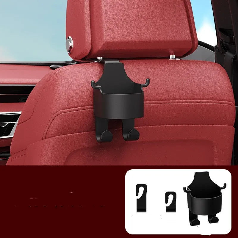 Black plastic car seat back organiser with a cup holder and a hook.