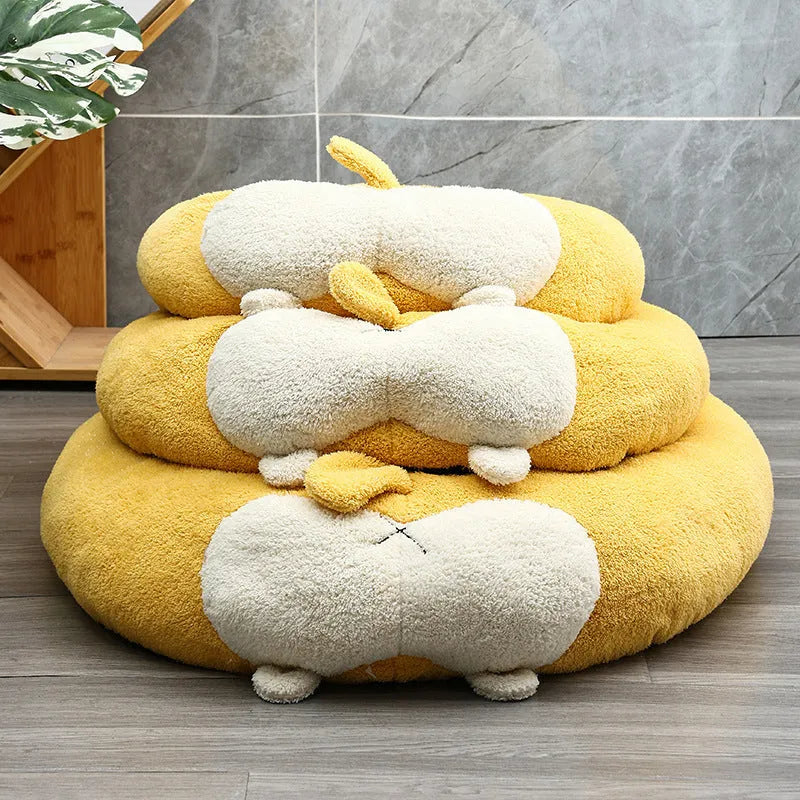Corgi shaped plush pet bed in size L for dogs and cats, with PP cotton filling.