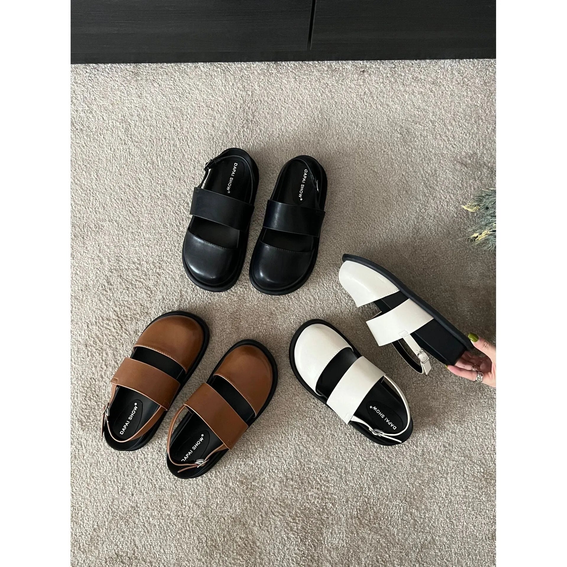 Women's retro sandals with a single ankle strap buckle and closed round toe, shown in apricot colour.