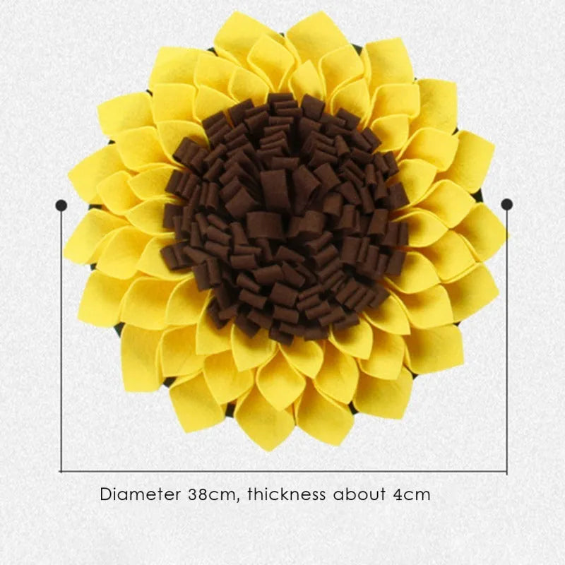 Yellow sunflower-shaped non-slip dog snuffle mat with fleece layers for slow feeding and nosework training