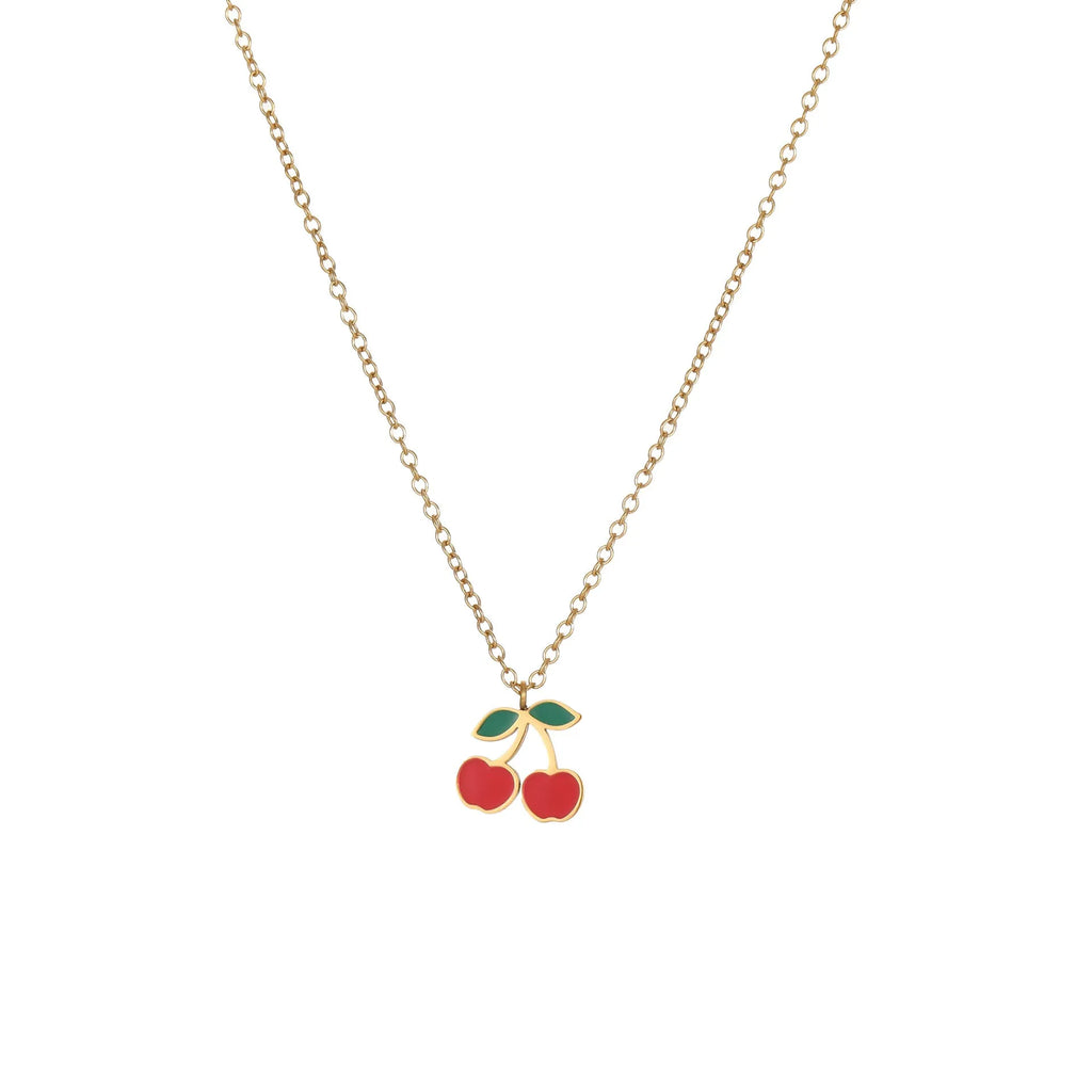 Four-piece cherry-themed jewellery set with gold electroplated necklace, bracelet, earrings, and ring on a white background.