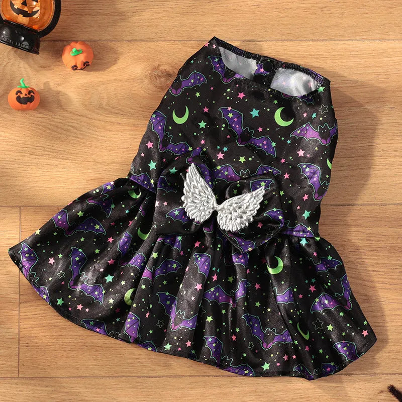 Orange or black bat patterned angel wings Halloween costume for a dog