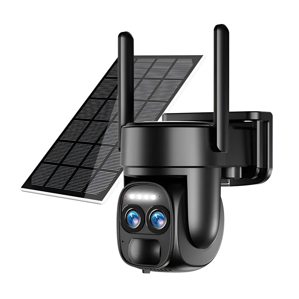 Solar powered outdoor security camera with 8x zoom lens and weather-resistant housing