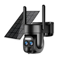 Solar powered outdoor security camera with 8x zoom lens and weather-resistant housing