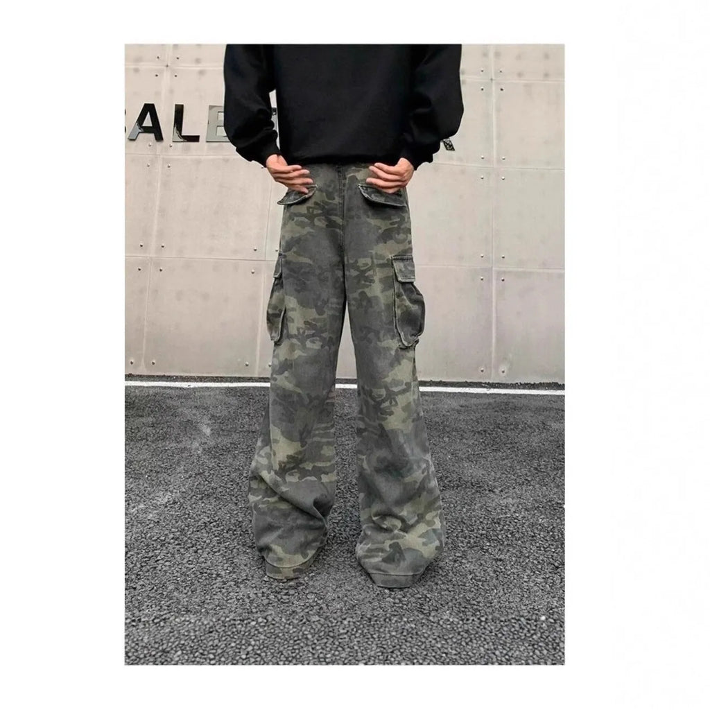 Korean-style washed camouflage cargo pants with multiple pockets on a mid-waist fit.