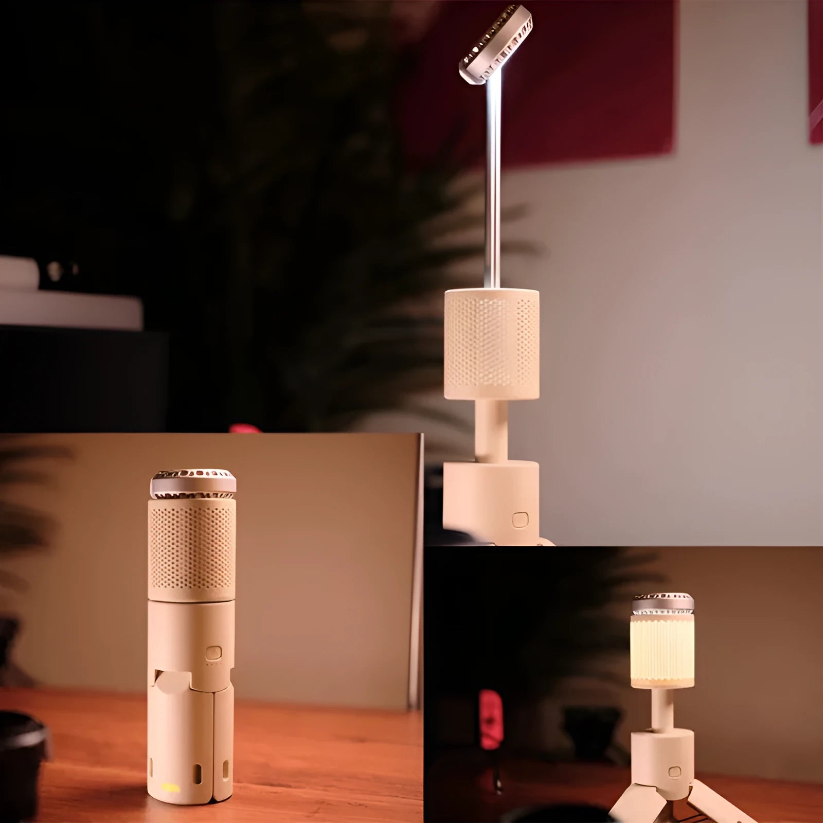 Portable LED camping lantern in off white or dark grey colour with battery power and button switch