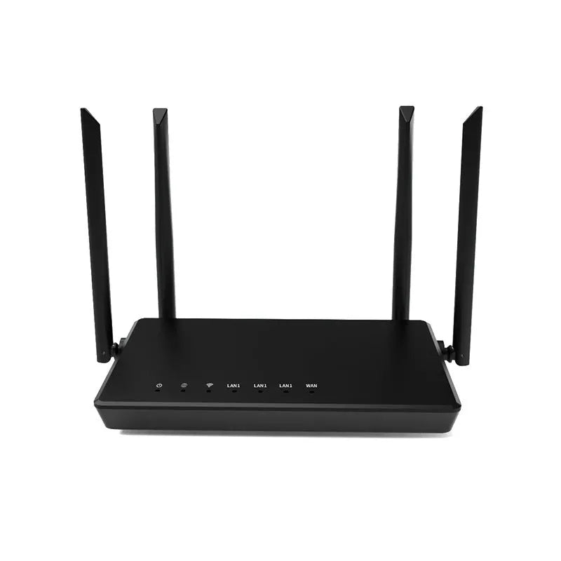 Portable 300m home wifi high-speed router in black with 4 LAN ports and compact bare metal design