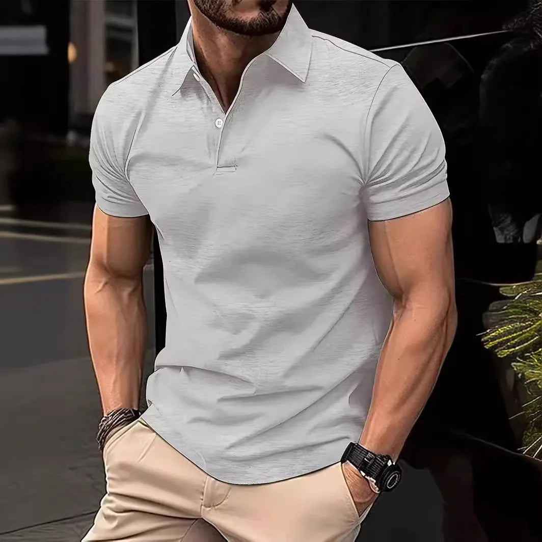 Men's slim fit short sleeve button-down casual shirt in a solid colour on a hanger