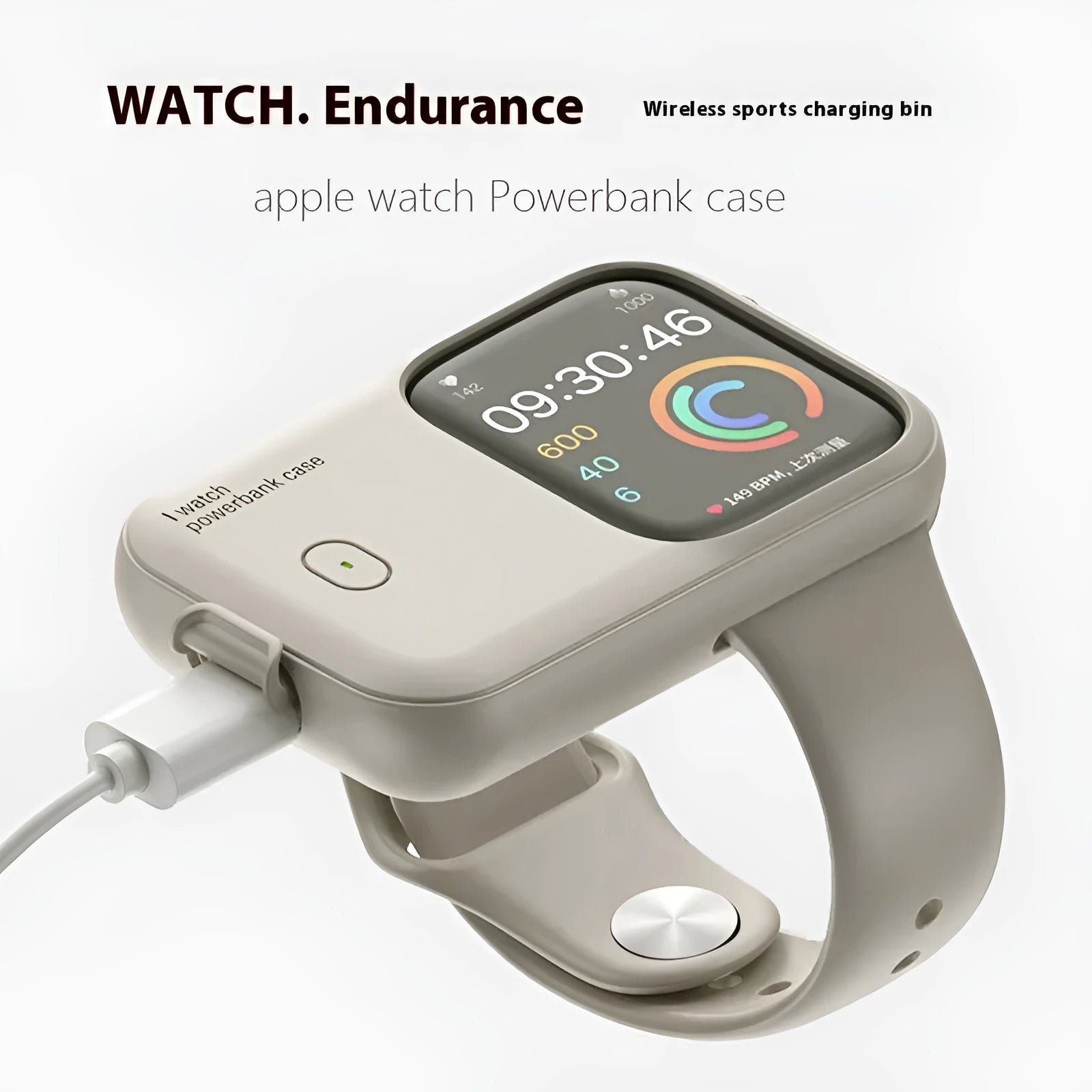 Apple Watch portable wireless charging case with silicone cover in brown, midnight blue and starlight colours