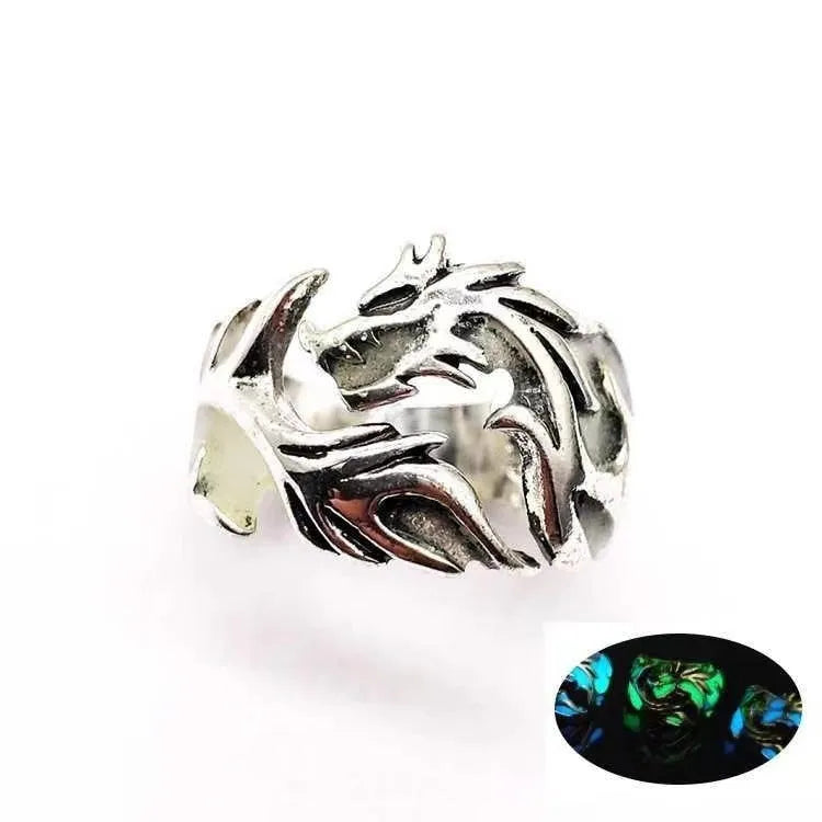 Adjustable opening Chinese dragon pattern ring in blue green colour with archaism silver electroplated finish