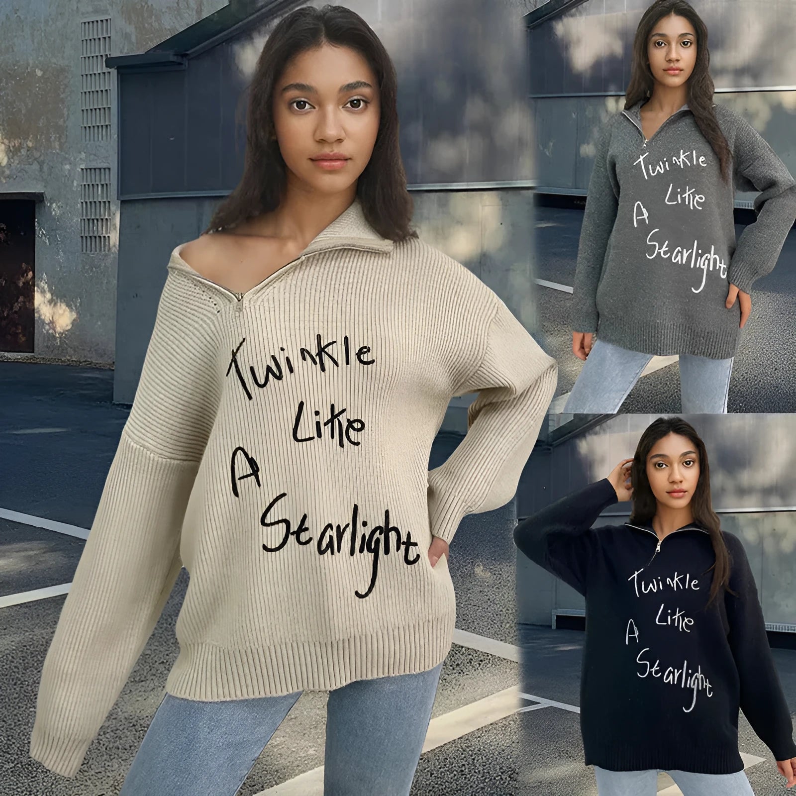 Women's retro loose lapels pullover sweater with oblique zipper in alpaca wool fleece