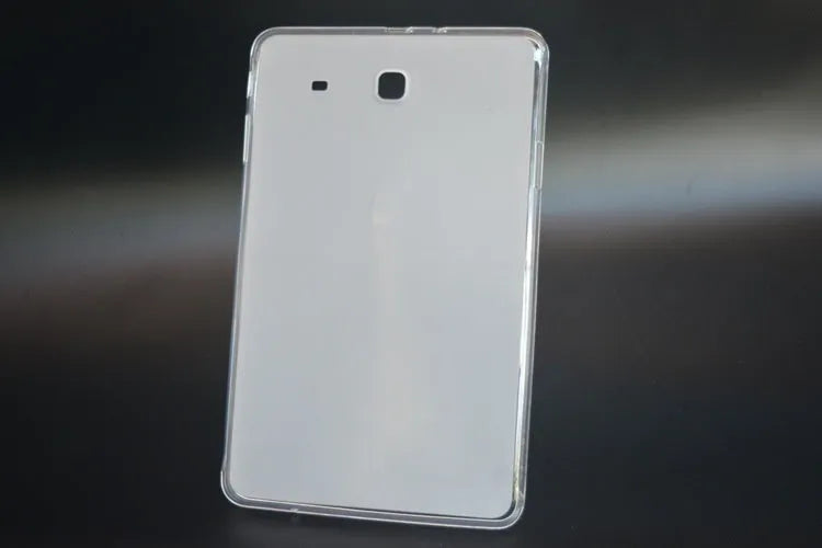 Clear ultra-thin silicone and TPU protective case for a tablet on a white background.