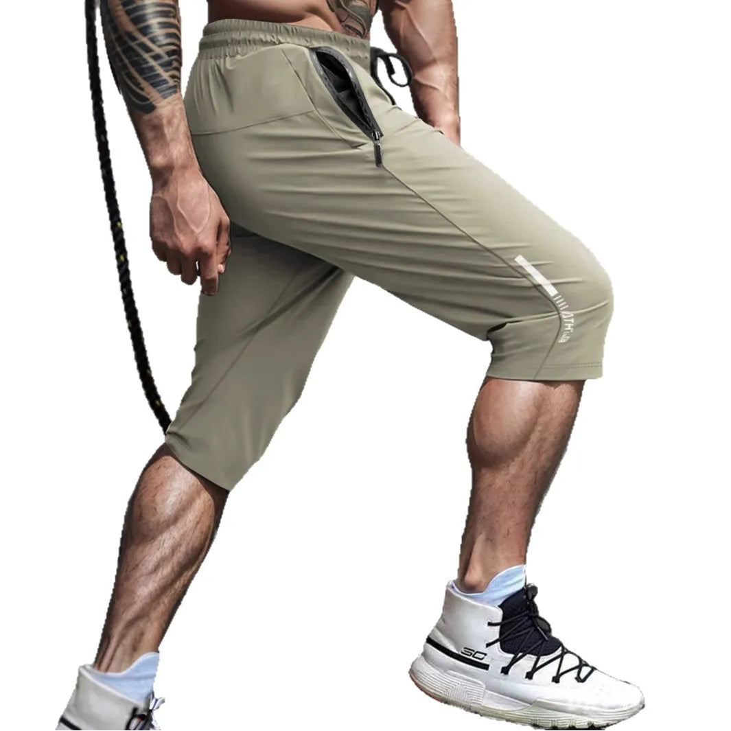 Men's quick-drying ice silk sports casual cropped pants in straight-leg design with elastic waistband