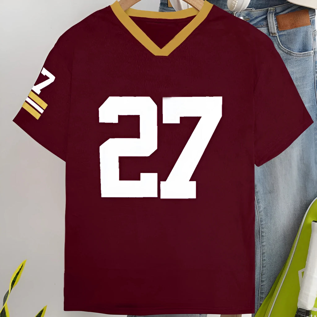 Red loose-fit cotton T-shirt with white digital letter printing on the front.