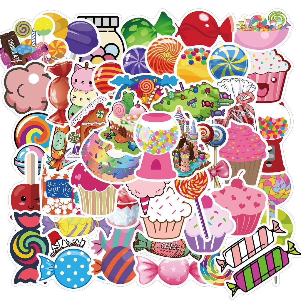 Pack of 50 colourful candy graffiti and cartoon stickers scattered on a surface, each measuring 4-6 cm.