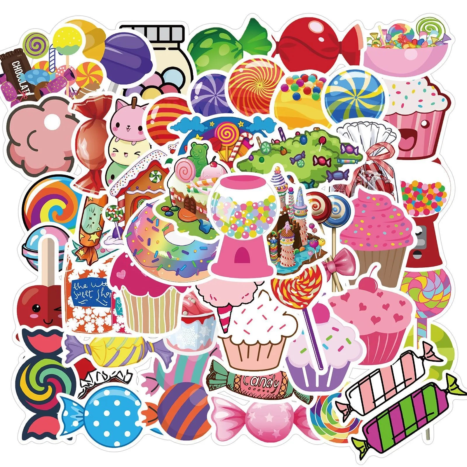 Pack of 50 colourful candy graffiti and cartoon stickers scattered on a surface, each measuring 4-6 cm.