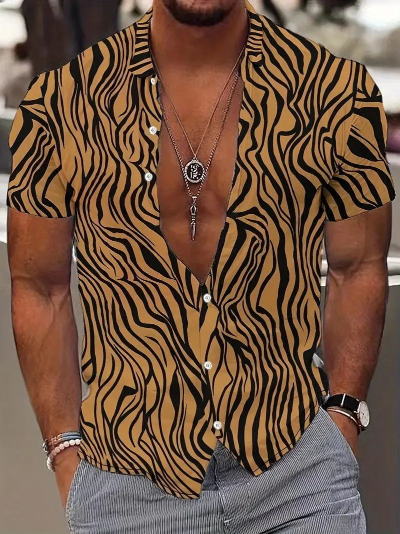 Men's geometric line pattern printed short sleeve shirt with lapel collar in slim fit style