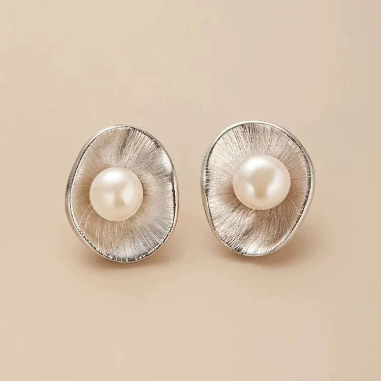 Pearl sterling silver geometric earrings with gold electroplated finish