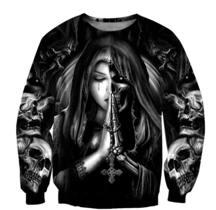 Black hooded sweatshirt with 3D printed skull and anime graphic design, long sleeves.