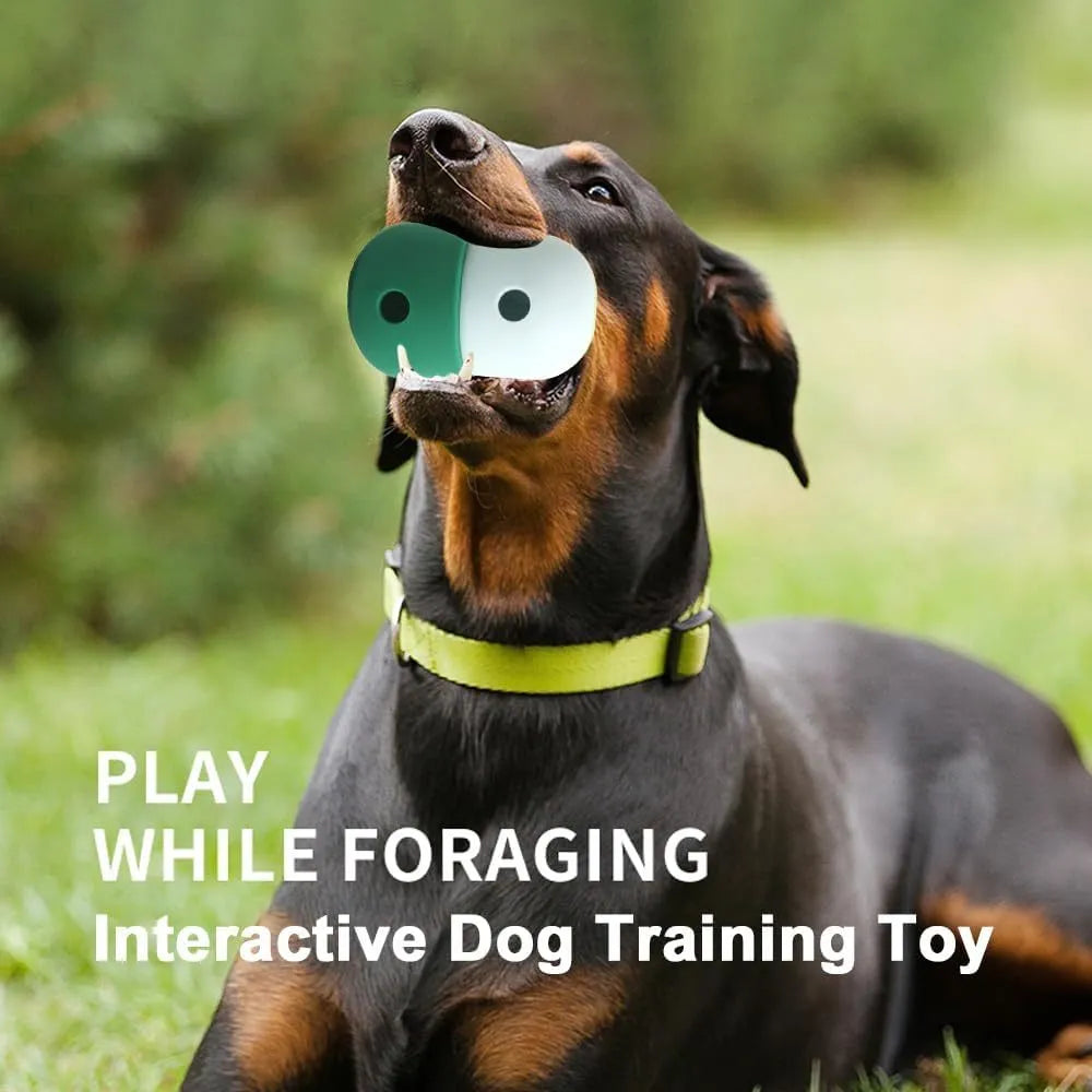 Food grade silicone dog treat puzzle ball in assorted two-tone colours, 8cm diameter.