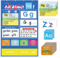 Alphabet learning wall chart measuring 60x40cm with sets of word, letter, picture, and song cards.