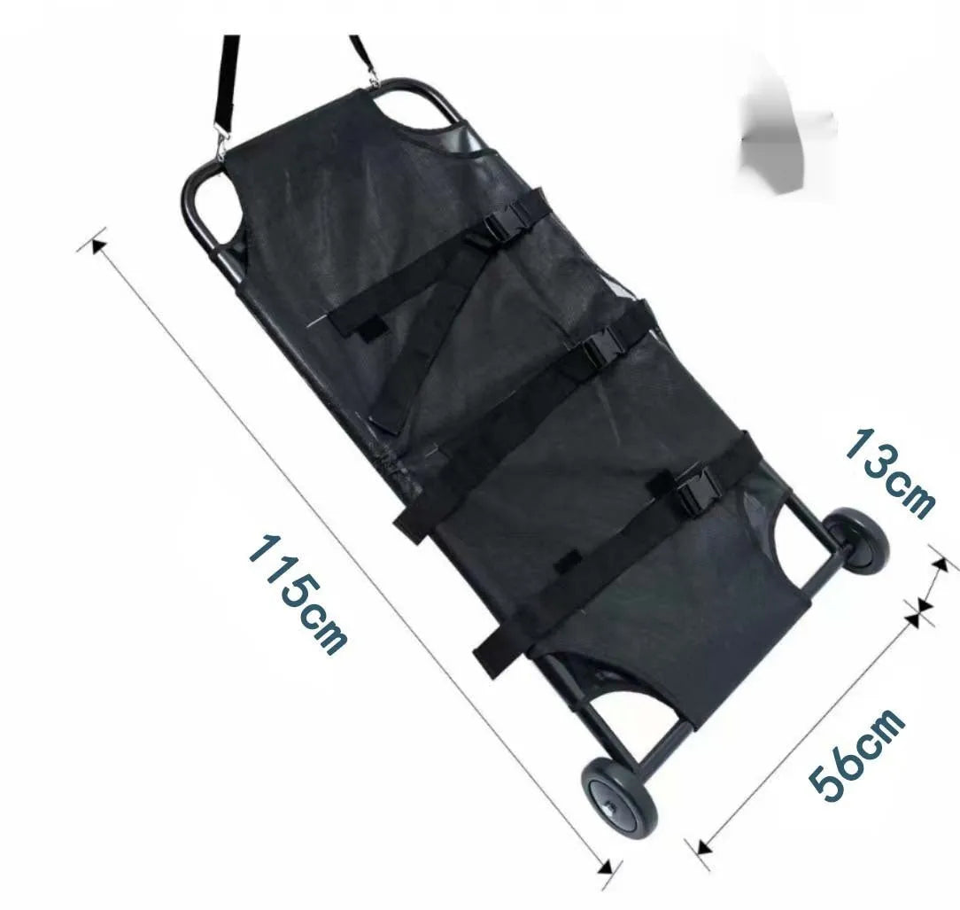 Large black foldable aluminium alloy dog stretcher with carrying handles for emergency pet transport.