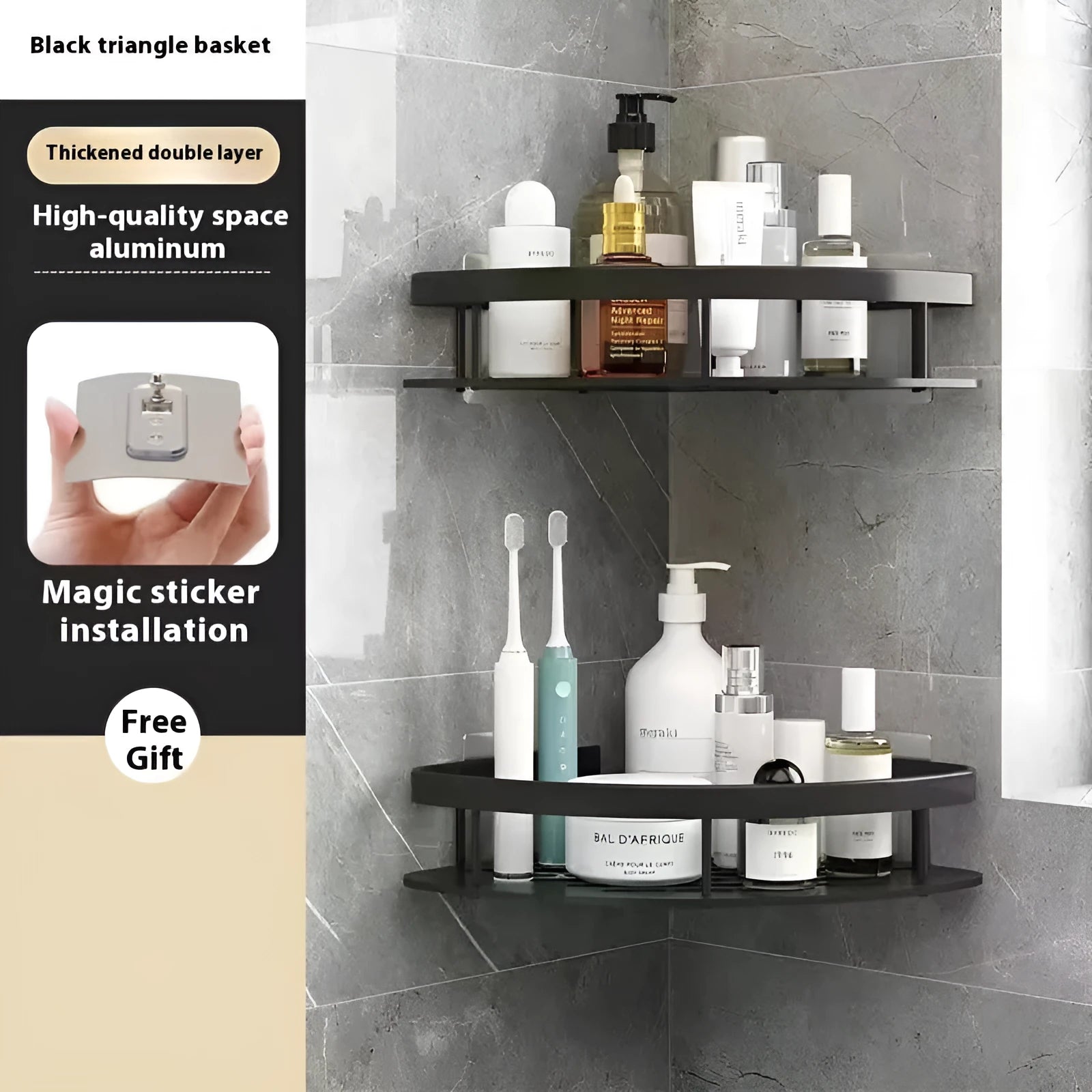 Black triangle bathroom storage rack with multiple wide shelves for toiletries and cleaning products