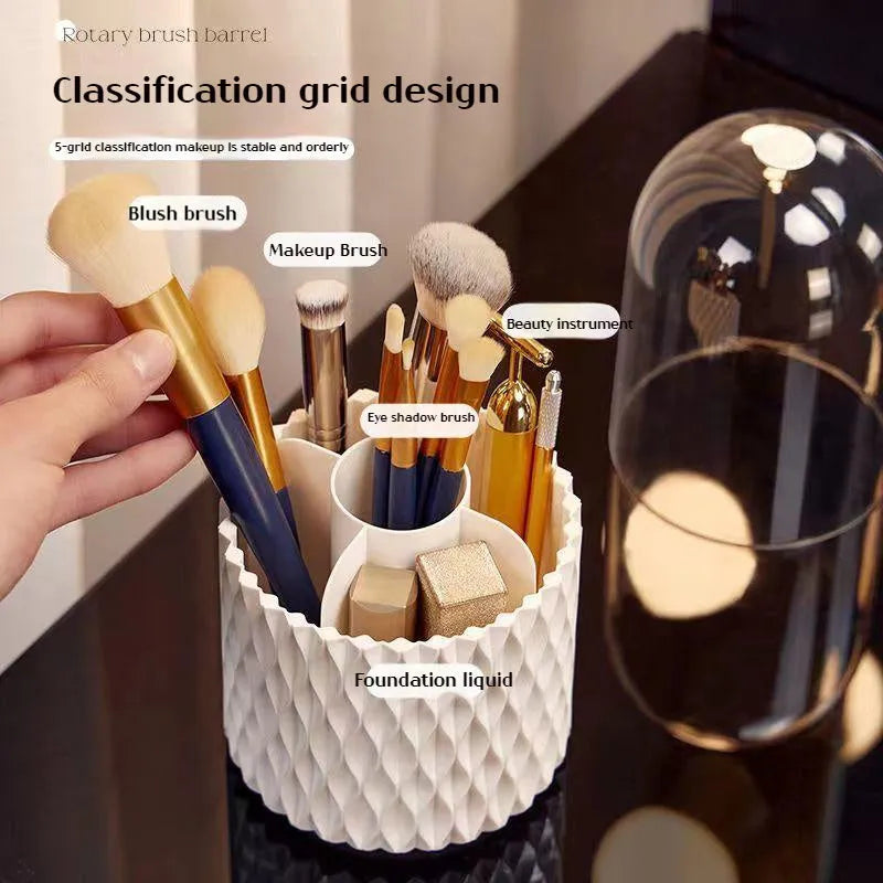 White acrylic makeup brush storage box with transparent dust cover and rotating design