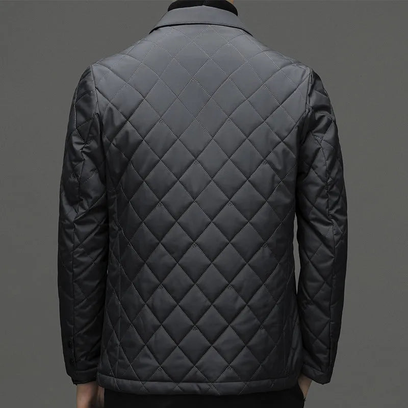 Men's solid colour thick winter down jacket with lapel cardigan style and side seam pockets