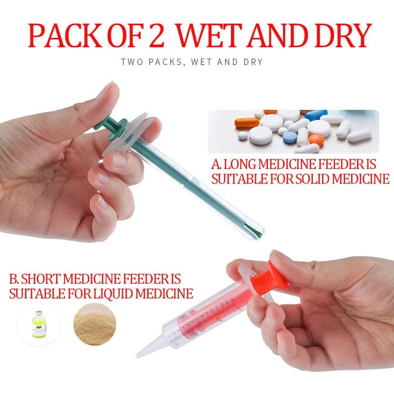 Two silicone pet pill shooters with soft tips for administering medication to cats and dogs